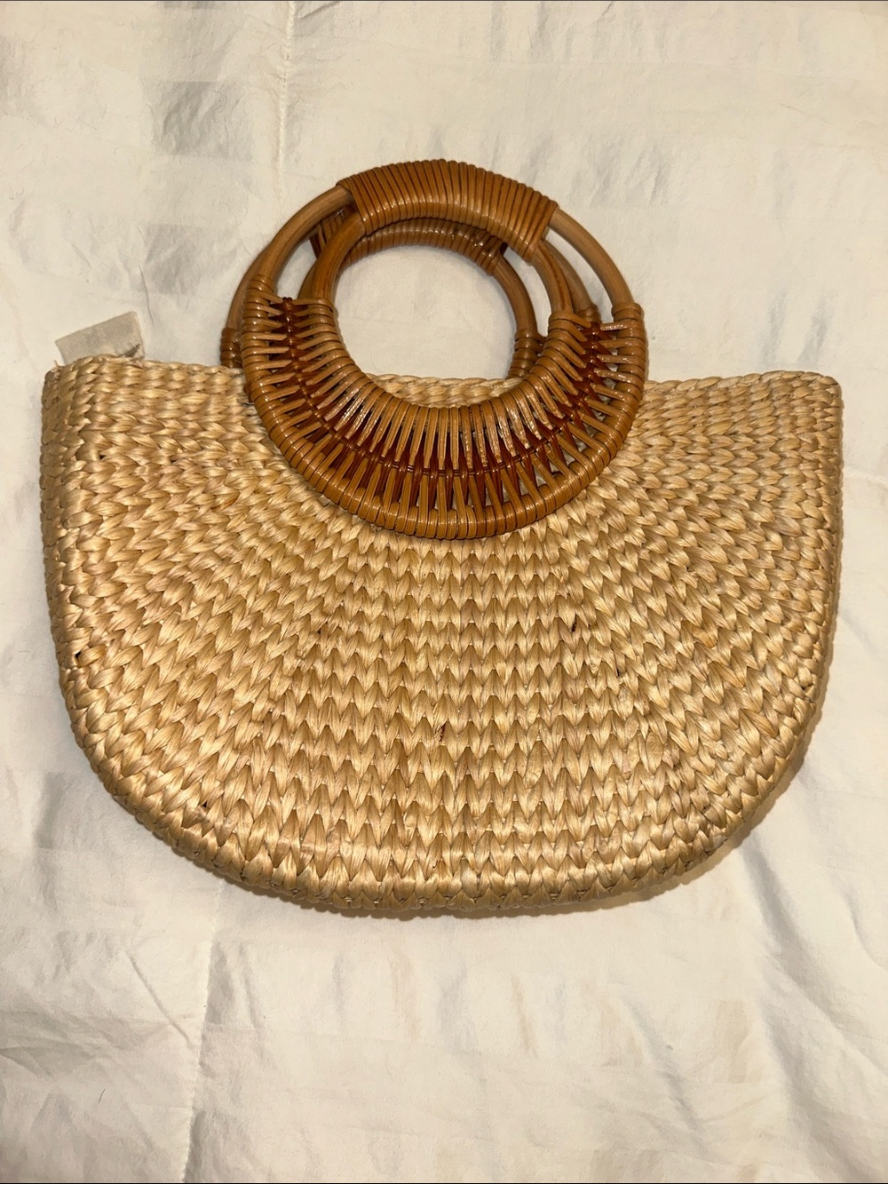 Natural Straw Tote with Round Wooden Handles - Neutral